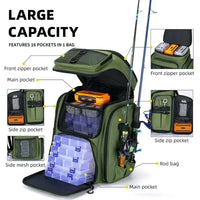 Fishing Backpack with Rod Holders Water-Resistant Large Tackle Bag for Storing Fishing Gear Lures Organizer Storage Backpack