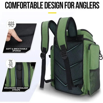 Fishing Backpack with Rod Holders Water-Resistant Large Tackle Bag for Storing Fishing Gear Lures Organizer Storage Backpack