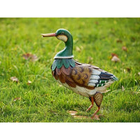 Metal Outdoor Garden Decor: 16 Inch Mallard Duck Statues, Rustic Animal Decoys for Patio and Yard