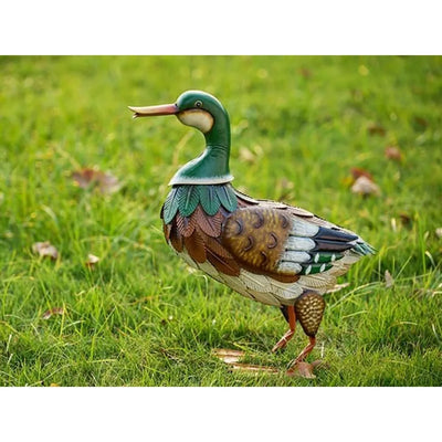 Metal Outdoor Garden Decor: 16 Inch Mallard Duck Statues, Rustic Animal Decoys for Patio and Yard