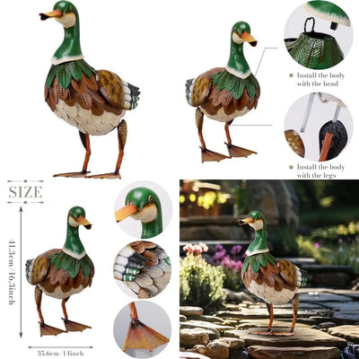 Metal Outdoor Garden Decor: 16 Inch Mallard Duck Statues, Rustic Animal Decoys for Patio and Yard