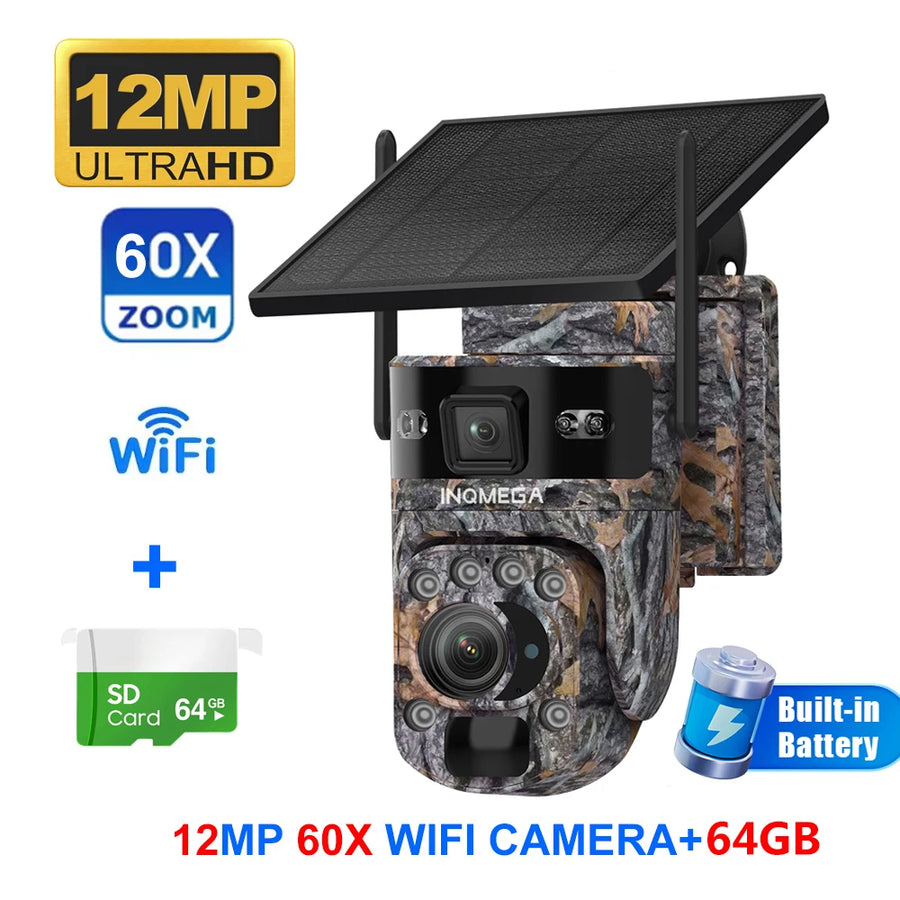 INQMEGA 4G Solar Trail Camera Dual Screen Outdoor WiFi 60X Optical Zoom Human/Animal Detection Auto Tracking Wildlife Cameras